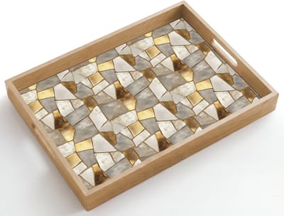 Dienblad hout 50x35 cm - Schootdienblad - Mozaïek - Marmer - Goud - Borrelplank rechthoek - Plateau dienbladen