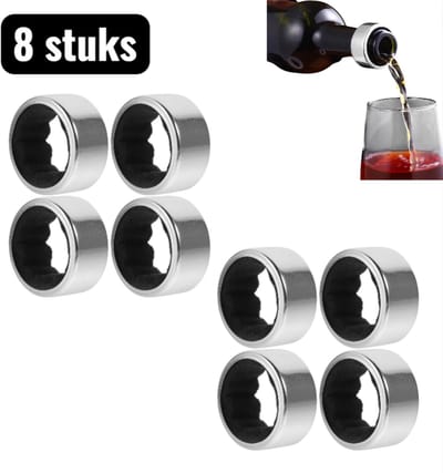 8 stuks - Wijnafsluiters - RVS Wijnring en Druppelstop - Elegante Schenkring voor Fles met Anti-Druppel Werking - Professioneel Serveeraccessoire voor Rode en Witte Wijn - Zilver