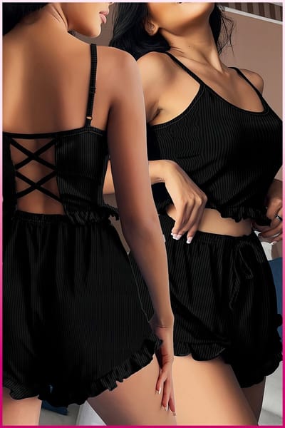 Purple-Daisy 2-delige nachtjaponset - Sexy top + shorts - Pyjama - Slapen - Avond PDS2502-Z - Maat S/M - ZWART