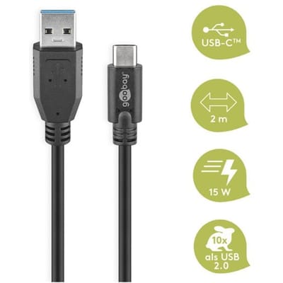 Goobay USB-C naar USB-A kabel - USB3.0 - tot 2A / zwart - 1,8 meter