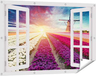 Gards Tuinposter Doorkijk Kleurrijke Tulpen Bloemenveld - Windmolen - 120x80 cm - Tuindoek - Tuindecoratie - Wanddecoratie buiten - Tuinschilderij