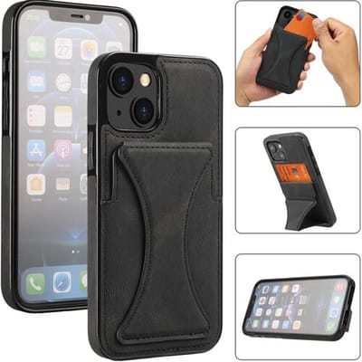 ShieldCase telefoonhoesje geschikt voor Apple iPhone 13 leren hoesje met standaard en pashouder - zwart - Lederen backcover - Leder shockproof case hoesje - Hoesje met standaard / steuntje