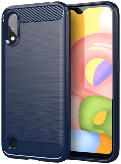 Cadorabo Hoesje geschikt voor Samsung Galaxy A01 in BRUSHED BLAUW - Beschermhoes van flexibel TPU siliconen in roestvrij staal-carbonvezel look Case Cover