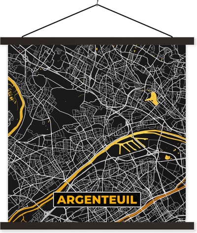 Posterhanger incl. Poster 60x60 cm - Schoolplaat - Frankrijk – Plattegrond – Kaart – Argenteuil – Stadskaart - Textielposter - Zwarte latten - Stadskaart