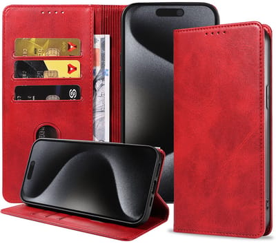 Smartphonica Telefoonhoesje Geschikt voor iPhone 15 Pro Kunstleer met Magnetische sluiting en Pasjeshouders Bookcase met Klepje - Rood geschikt voor iPhone 15 Pro