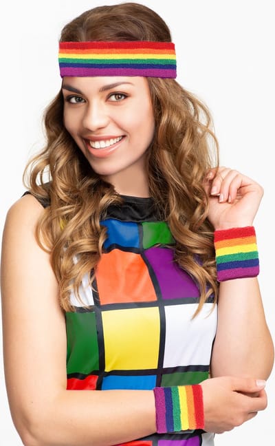 Partychimp Set Hoofdband en Polsbandjes Voordeelverpakking 6 Stuks voor bij Carnavalskleding Heren Carnavalskleding Dames Carnaval Accessoires Verkleedaccessoires Pride LGBTQ - Polyester - Regenboog - 6 Stuks
