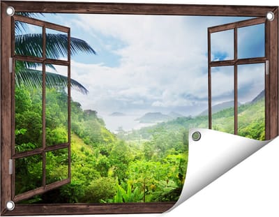 Gards Tuinposter Doorkijk Jungle Uitzicht op de Seychellen - 60x40 cm - Tuindoek - Tuindecoratie - Wanddecoratie buiten - Tuinschilderij