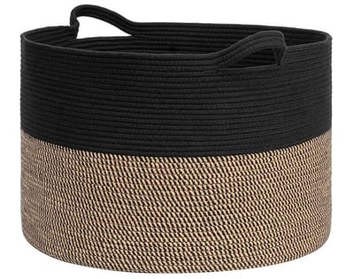 90L XXXL Dekenmand voor de Woonkamer – 55 X 35 CM Wasmand Van Gevlochten Katoentouw – Opbergmand met Handvat voor Speelgoed, Dekens en Wasgoed – Decoratieve Opbergmand (Zwart en zwartbruin)