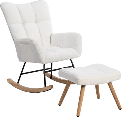 Schommelstoel - Loungestoel - Boucle stoel - Ergonomische stoel - Met voetenbank - Rubberhout - Dikke vulling - Viltglijders - Woonkamer - 92cm - 2-delig - Wit