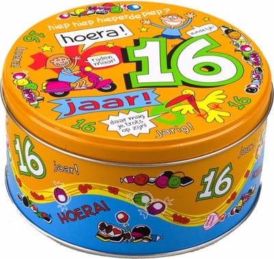 Thema snoeptrommel/koektrommel - 16 jaar - 14 x 8 cm - verjaardag cadeau - jarig