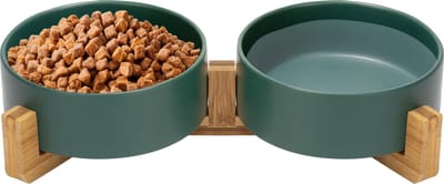 Jake and Jacky Voerbak Kat en Hond Keramiek - Kattenvoerbakjes - Hondenvoerbak - Etensbakjes voor kat - Voerbakken Dubbel met Standaard - Drinkbak en Eetbak - 2x 400 mL - Groen