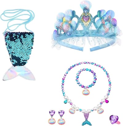 Sieraden Set voor Meisjes - 7 Delige Prinsessen Kostuum Set met Kroon, Vissenstaart Ketting, Armband, Ring, Oorbellen en Tas - Ideaal voor Themafeesten, Verjaardagen en Speelaccessoires
