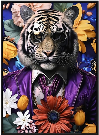 Ter Halle - Schilderij - Canvas - Stylish Tijger met Kleren en Bril - Glitter en Glans Afwerking - 53x73cm