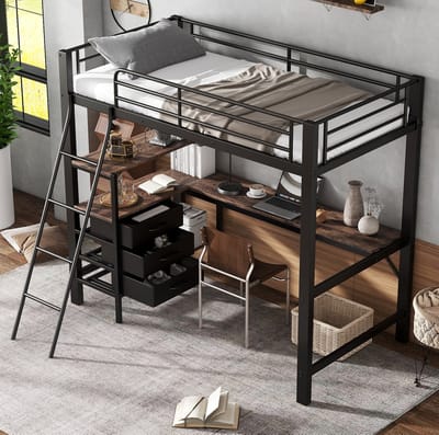 MEUNIQ hoogslaper 90x200 cm met 2 m bureau, 3 lades, schuine 4-treden ladder en metalen bedframe, eenpersoons bed voor kinderkamer of tienerkamer, zwart