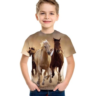 2026 Vêtements pour enfants T-shirt à motif cheval Manches courtes pour filles Vêtements pour enfants Vêtements décontractés pour garçons 120