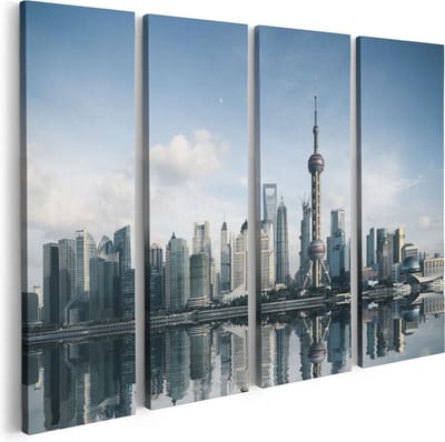 Artaza Canvas Schilderij Vierluik Shanghai Skyline in China - 80x60 - Foto Op Canvas - Canvas Print