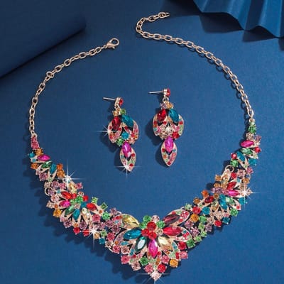 3-delige Dames Bruiloftsseizoen Mode Luxe Bloem Ketting Oorbellen Sieraden Set Geschikt voor Bruiloftsfeesten en Festivalcadeaus blue