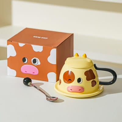 Creatieve Leuke Cartoon Driedimensionaal Koeienkoppel Waterbeker Keramische Beker met Deksel Poppetje Schattig Huisdier Mok Koffiekop 301-400ml