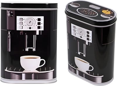Excellent Houseware Koffie bewaarblik - 2x - zwart - koffiemachine print - 14 x 7 x 19 cm - bewaarbus