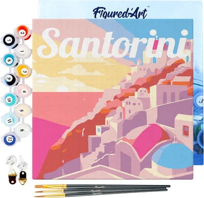 Figured'Art Mini Schilderen op Nummer Volwassenen 20x20cm met lijst Reisposter Santorini Zonsondergang - Klein Formaat Creatieve Hobby Kit DIY Art Nummer Compleet