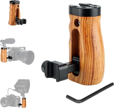 Houten handgreep met NATO-klem en geïntegreerde cold shoe houder voor DSLR camera cage met schroefdraadgaten