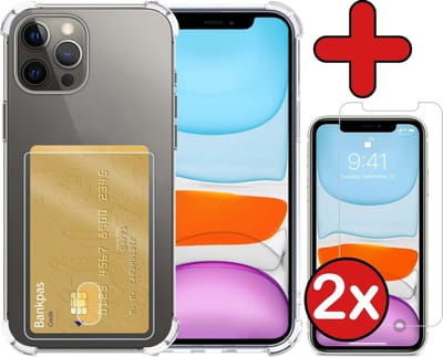 Hoesje - Geschikt voor Apple iPhone 11 Pro - Met 2x Screenprotector - Pashouder - Kaarthouder - Back Cover - Telefoon Hoes Shockproof - Siliconen Case - Shock Proof - Pasjes Houder - Telefoonhoes - Transparant