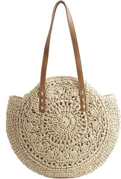 Ronde Stro Bag voor Strand en Zomeruitjes, Ruime Strandtas in Beige, Ideaal voor Vakantie en Outdoor Activiteiten, 44cm x 42cm