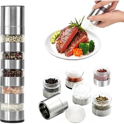 QTTVBTNA – 5-in-1 Kruidenstrooier Set - Pepermolen - Spice Bottle - voor Camping Reizen en Picknick - Geschikt voor BBQ Steak en Keuken Gebruik - Compact Overzichtelijk en Duurzaam Ontwerp - Draagbaar - zilver