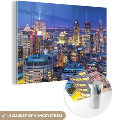 ® Glasschilderij 180x120 cm - Schilderij acrylglas - Skyline tijdens zomernacht in het Canadese Montreal - Foto op glas - Muurdecoratie woonkamer - Wanddecoratie slaapkamer - Schilderijen