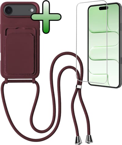 Hoes Geschikt voor iPhone Air Hoesje Pas Houder Case Hoes Met Koord Met Screenprotector - Hoesje Geschikt voor iPhone Air Hoes Met Telefoonkoord Pasjeshouder Cover - Aubergine