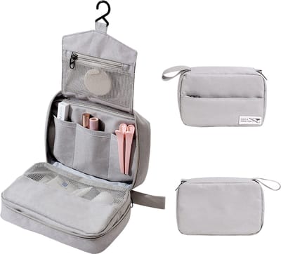 Rainbecom - Reis Toilettas Hangend met Haak - 14.5 x 22.5 x 8 cm - Lichtgrijs - 3 delen - Cosmetica Tas - Etui voor Toiletartikelen