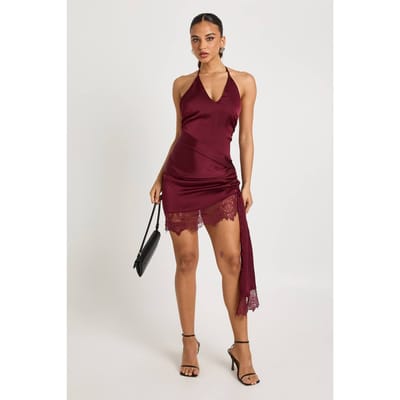 boohoo Dames Wikkeljurk met kant | Burgundy | Maat: 14