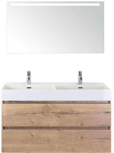Maxx XL Badmeubelset 120 cm - Natuur Eiken - Wastafel Kube Dubbel 2 Kraangaten met Sence Spiegel