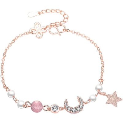 Silver 925 Bracelets For Women Retro Four Leaf Clover Charms For Bracelet Crystal Beads Pearl Moon &Star Bangles Jewelry white