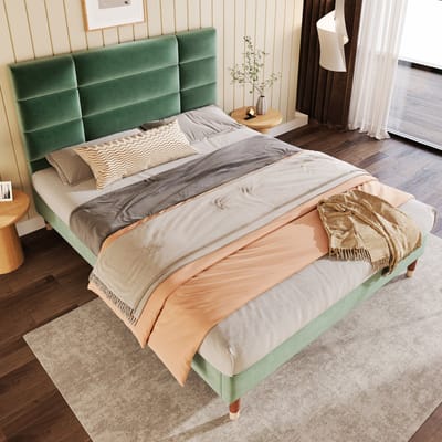 MEUNIQ Gestoffeerd tweepersoons bed 140x200 cm met lattenbodem en hoofdbord, fluwelen bedframe met 17 cm ruimte onder het bed voor slaapkamer, groen