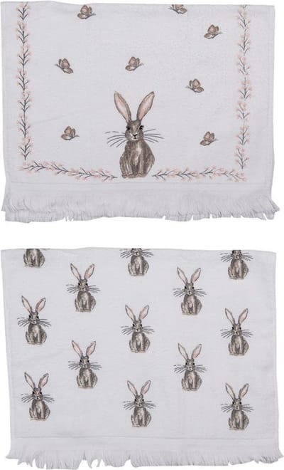Clayre & Eef Gastendoekje Set van 2 40x66 cm Wit Bruin Katoen Konijn Toilet handdoek