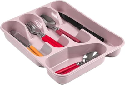 Plasticforte bestekbak - bestekhouders - 2x stuks - 5 vaks - roze - 27 x 34 x 5 cm - keuken opberg accessoires - ladeverdelers