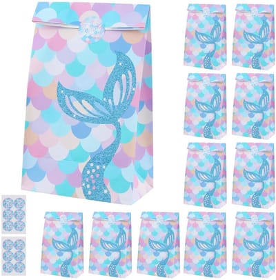 Dailygoods- Cadeauzakjes 12 stuks - Papieren Zakjes - Feestzakjes - Versterkte Bodem - Zeemeerminnenvin-Model - 13 x 24 x 8 cm - Geschenkzakjes