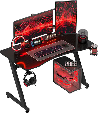 Gamingbureau 120x65x74,5 cm Ergonomisch gamingbureau voor pc met bekerhouder, hoofdtelefoonhaak en verstelbare poten, koolstofvezel-look, zwart