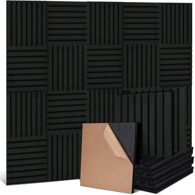 Vierkante akoestische platen, zelfklevend, akoestische panelen, set, 4 stuks, van elk 30 x 32 cm, walnootkleurige vezelplaat op akoestisch vilt, wandbekleding voor woonkamer, thuiskantoor en studio