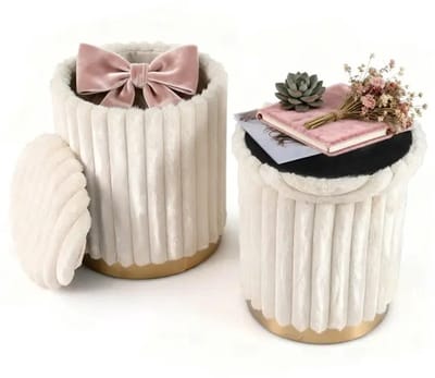 Solayne Poef - Poef met opbergruimte - Opbergpoef - Poef rond - 3 in 1 opbergbank - Multifunctioneel - Set 2 - Stapelbaar - Beige