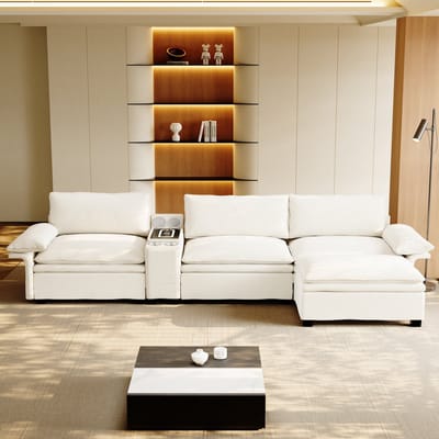 MODFU Modulaire Hoekbank - Draadloos Opladen En Opbergruimte - Verstelbare Armleuningen - Stoffen Bekleding - Beige/Wit - 315 Cm