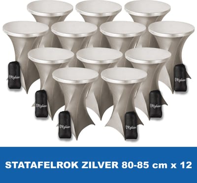 Statafelrok Zilver x 12 – 2 jaar garantie met Opbergtas - ∅ 80-85 x 110 cm - Statafelhoes - Luxe Extra Dikke Stretch Sta Tafelrok voor Statafel – Kras- en Kreukvrije Hoes