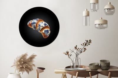 WallCircle - Wandcirkel - Muurcirkel - Croissant - Bloemenpatroon - Delftsblauw - Aluminium - Dibond - 90x90 cm - Binnen en Buiten