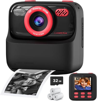 Digitale camera – Digitale camera voor kinderen met directe printfunctie – Ontwerp met dubbele lens – Unisex – 1080P HD-camera met dubbele lens voor selfies – Inclusief printpapier & 32GB-geheugenkaart – Cadeau voor jongens en meisjes – Zwart & Rood