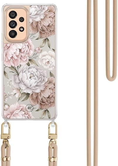 Hoesje met koord geschikt voor Samsung Galaxy A53 - Klassieke bloemen - Inclusief Beige koord - Crossbody beschermhoes - Transparant, Beige - Mooie Telefoonhoesjes