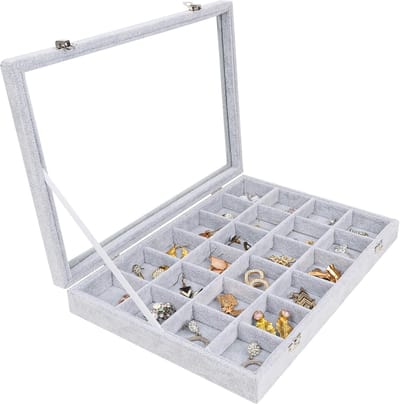 Candala Grijs Velours Sieraden Organiser Display Doos Tray, 24 Secties & Glazen Deksel – Stapelbare Tray Voor Lades – Aanpasbare Opslag Raster voor Ringen, Ketting, Armbanden, Oorbellen en Horloges