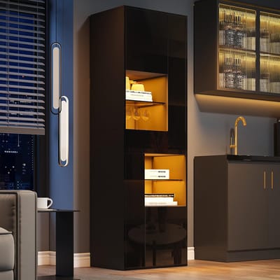 BLACKCOLORS - Verkoopvitrine - 55x38x170 cm - Hoge kast - 1 lade - 4 kasten - Glazen vitrine - LED-verlichting - Glanzend design - Woonkamerkast - Display - Zwart