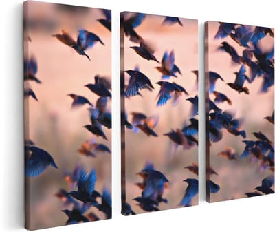 Artaza Canvas Schilderij Drieluik Groep Vliegende Blauwe Spreeuw Vogels - 120x80 - Foto Op Canvas - Canvas Print