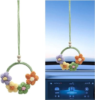 Gehaakte Auto Bloemen - Auto Spiegel Hanger - Auto Interieur Decoratie - Handgeweven Acrylvezel - 12 x 10 cm - Oranje
